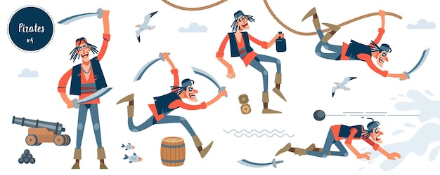 Pirate Bandit Dun piraat karakter in verschillende pose Cartoon platte geïsoleerde vectorillustratie