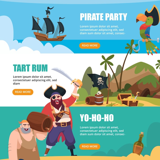 Pirate banners Captain aggressive filibuster with weapons treasure island pirate colored parrot swanky vector cartoon set with place for text Illustration of pirate captain sailor background