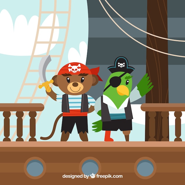 フラットデザインの海賊クマとオウムの背景