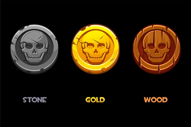 Vector pirate black mark, gold, wooden, stone coins with a skull.