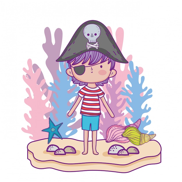 Vector pirate boy with seaweed plants and starfish