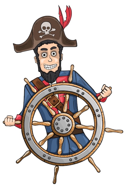 Pirate captain sailing on ship. vector illustration