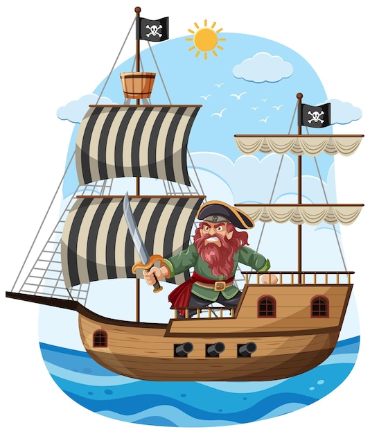 Premium Vector | Pirate captain wielding sword on isolated ship at sea