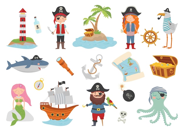 Set di personaggi dei cartoni animati dei pirati, stile piatto. pirata, isola del tesoro, squalo, polpo, gabbiano, sirena