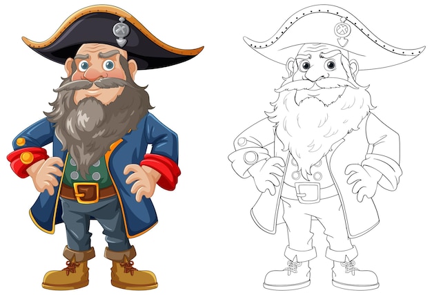 Pirate Cartoon Character Standing with Hat and Outline