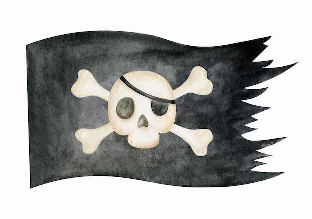 Pirate cartoon flag with skull and crossed bones illustration Watercolor sailors scull clipart elements isolated on white background Kids illustration