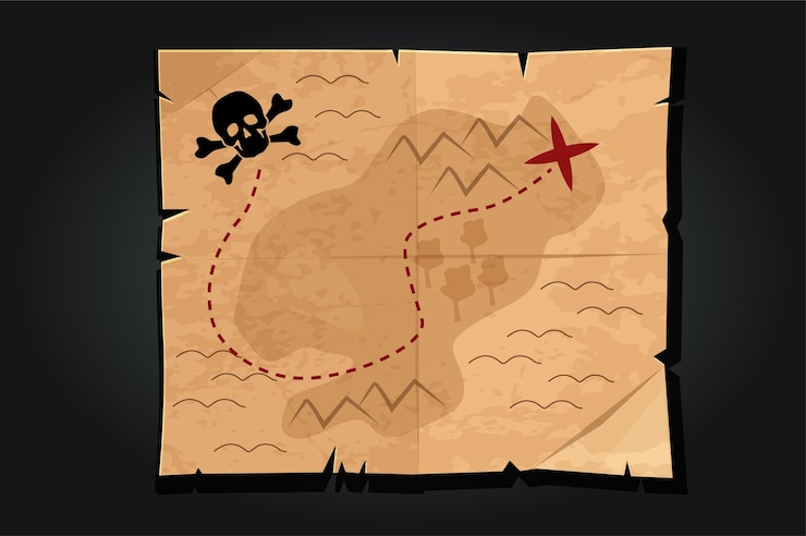 Vector pirate cartoon vintage paper treasure map with a skull. way or road to find the pirate treasure.