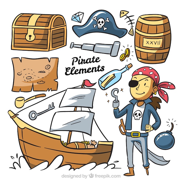 Pirate character collection with hand drawn elements