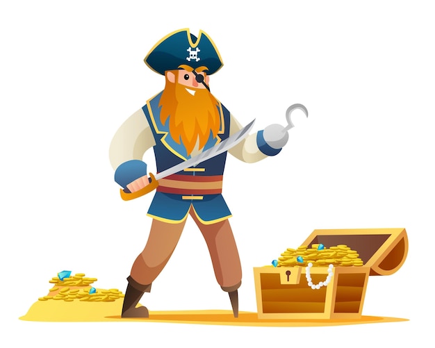 Pirate character holding sword with treasure cartoon