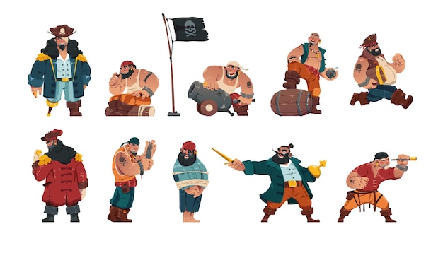 Vector pirate characters cartoon armed male bandit sailors group fantasy marine villains with swords cannons spyglass and pirate flag vector isolated collection