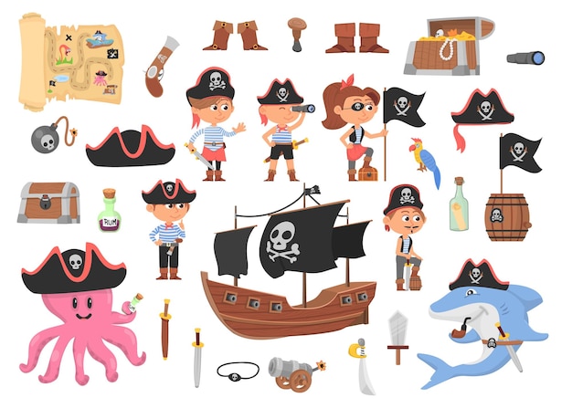 Set Of Pirates Vector Cartoon Stickers Adventures And Pirate Party Sticker  For Kindergarten Children Adventure Treasure Pirates Octopus Whale Ship  Kids Drawing Vector Cartoon Stickers About Pirates And Treasures Stock  Illustration 