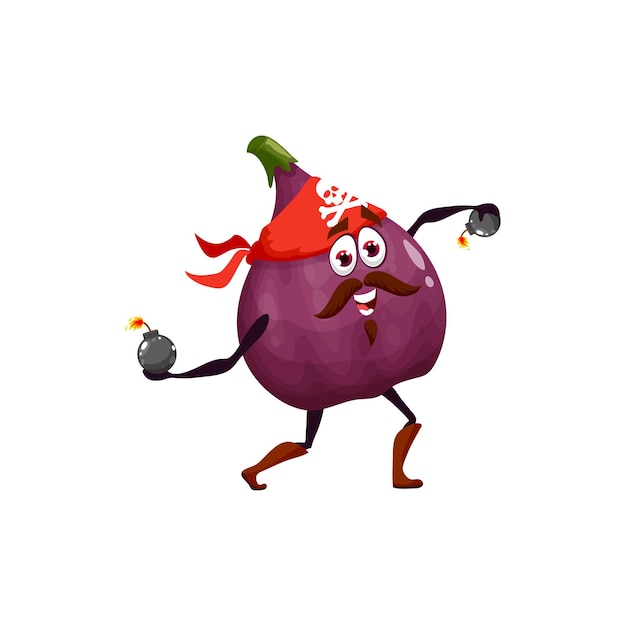 Pirate common fig with mustaches in bandana and burning bomb in hands isolated laughing buccaneer cartoon character mascot. Vector purple tropical pirate, ripe berry cluster, sweet food emoticon