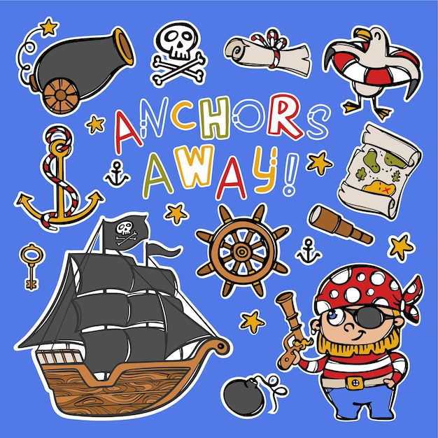 PIRATE AND CORVETTE Cartoon Marine Sticker Vector Collection