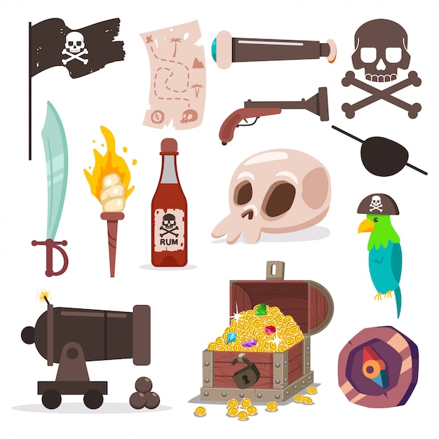 Vector pirate element set. skull and crossbone, parrot, sword, old map, black flag, cannon, torch, chest with treassure, compass and gun vector cartoon icons isolated