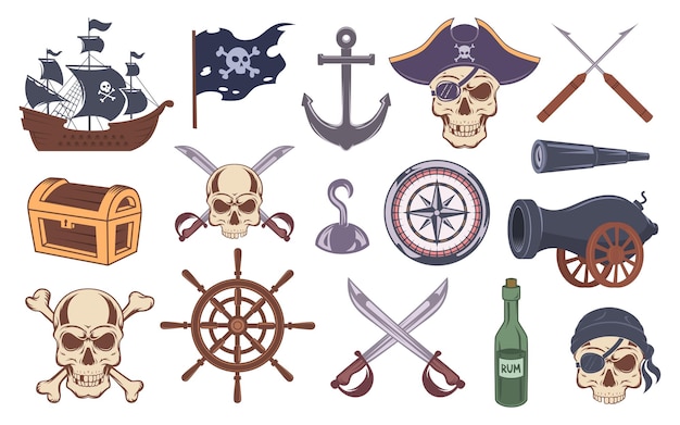 Pirate emblems Black symbols of pirates drawing elements bones skull sailor vintage ship tattoo exact vector set of rum and cannon sword and skull illustration