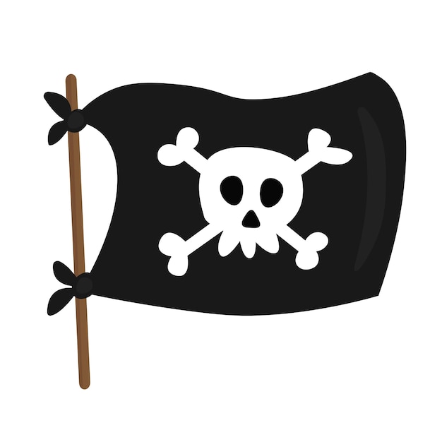 Vector pirate flag in cartoon style on white background black pirate flag on a stick flutters in the wind