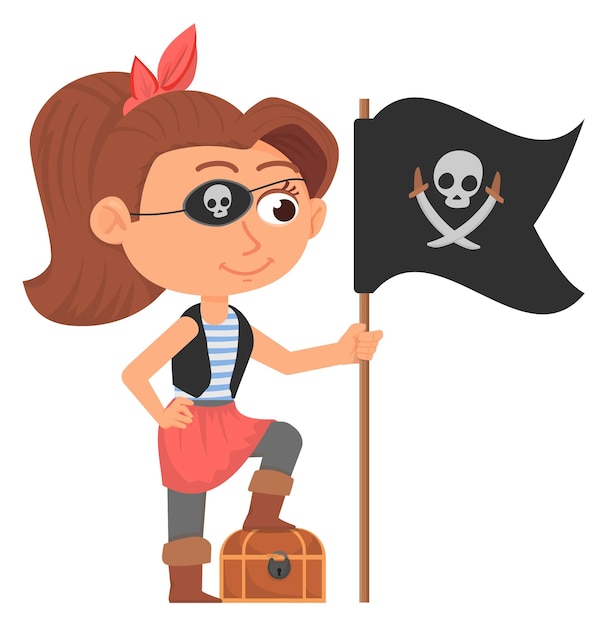 Вектор Пиратская девочка с черным флагом и сундуком с сокровищами забавная детская игра