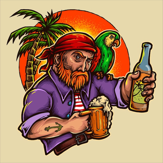 Pirate holding beer with sunset background