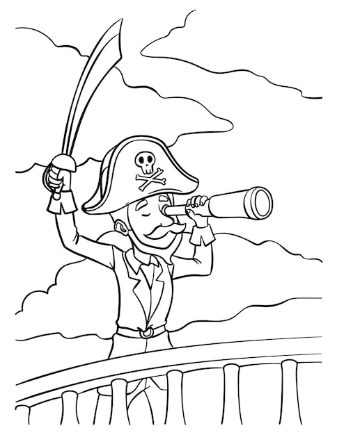 Pirate Holding Sword and Telescope Coloring Page