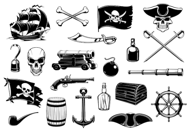 Pirate icons of skull, chest treasure map and ship.