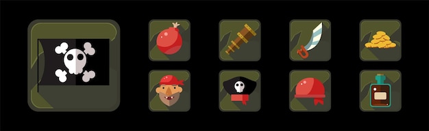 Pirate icons and web game object frames vector set