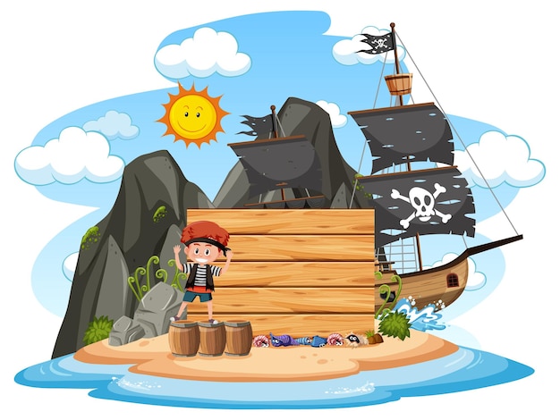 Vector pirate island with an empty banner isolated on white background