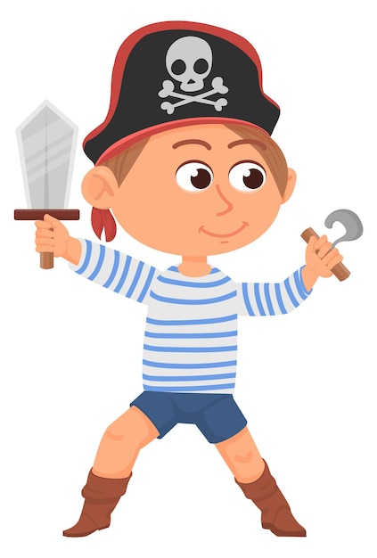 Вектор Пиратский ребенок в черной шляпе с крюком и мечом