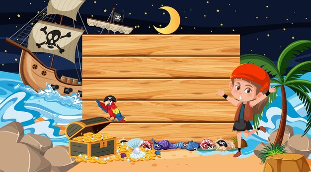 Vettore bambini pirata sulla scena notturna della spiaggia con un modello di banner in legno vuoto