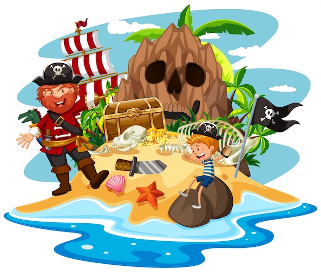 Vector pirate and little boy on treasure island