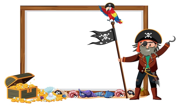 Un personaggio dei cartoni animati dell'uomo pirata con un modello di banner vuoto