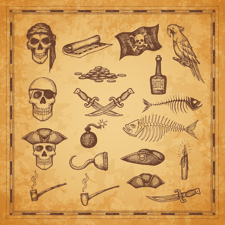 Vector pirate map and flag, skull, dagger and fish bones, vector sketch elements. pirate treasure island map icons, weapon, rum bottle and parrot, tobacco pipe, candles and captain hook, sea adventure