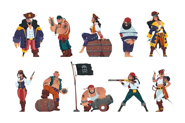 Premium Vector | Pirate men and women cartoon fantasy sailors and sea  warriors with swords treasure chest spyglass wearing hats and pirate  costumes vector marine corsairs collection