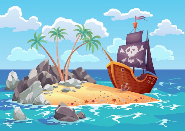 Pirate ocean island in cartoon style with ship moored on the island. Palm trees on uninhabited sea island. Tropical landscape with sandy beach and tropical nature.