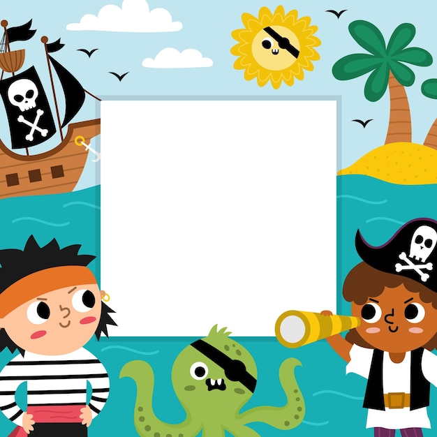 Modello di biglietto di auguri per festa pirata con simpatico capitano paesaggio marino e palme poster quadrato dell'isola del tesoro o invito per i bambini illustrazione luminosa delle vacanze al mare con posto per textxa