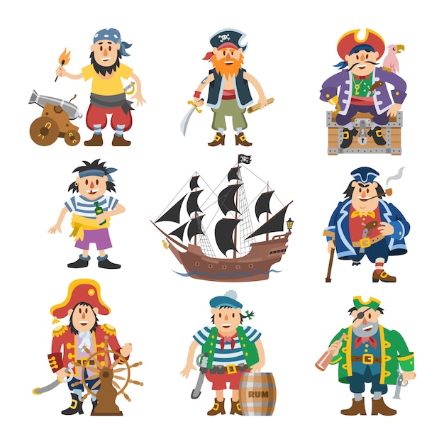 Пират пиратский персонаж пират человек в костюме пиратский в шляпе с мечом иллюстрации набор пиратского моряка человека и корабль или парусник на белом фоне