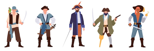 Vector pirate sailboat captain filibuster marine robber cartoon characters in different poses set