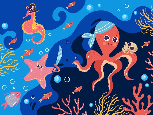 Пиратское морское животное персонаж океанская вечеринка подводная концепция графический дизайн иллюстрация