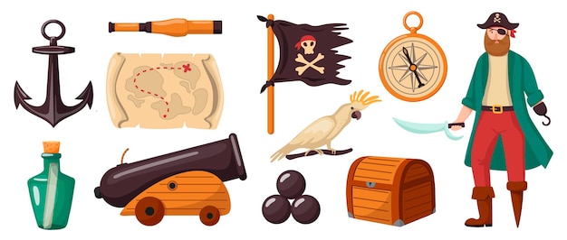 Vector pirate set of elements cartoon style