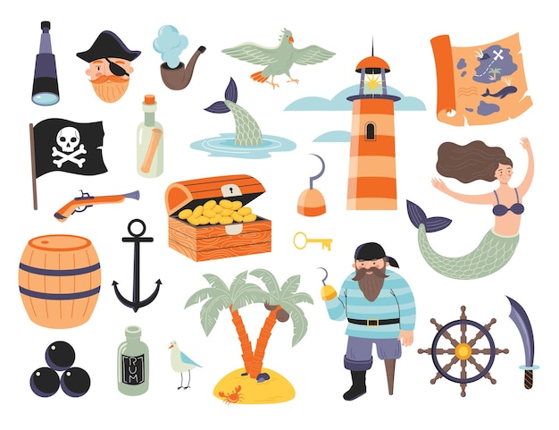 Vector pirate set with characters, mermaid, treasure map, chest, lighthouse, spyglass, rum, musket, jolly roger, palm islands etc. bundle pirate