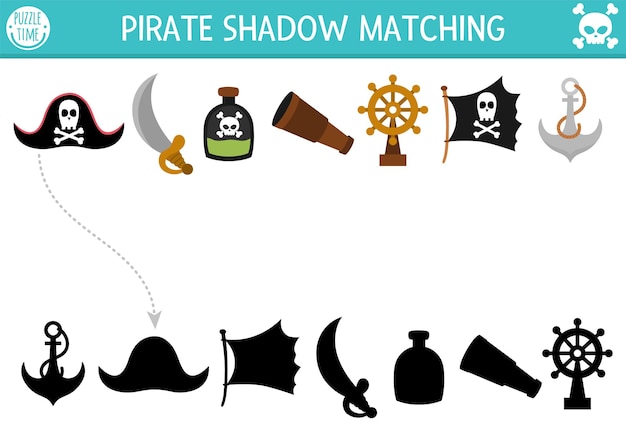 Attività di corrispondenza dell'ombra dei pirati puzzle di caccia all'isola del tesoro con simpatico cappello da pirata zibellino bottiglia ancora bandiera trova foglio di lavoro o gioco stampabile sagoma corretta pagina di avventure in mare per bambinixa