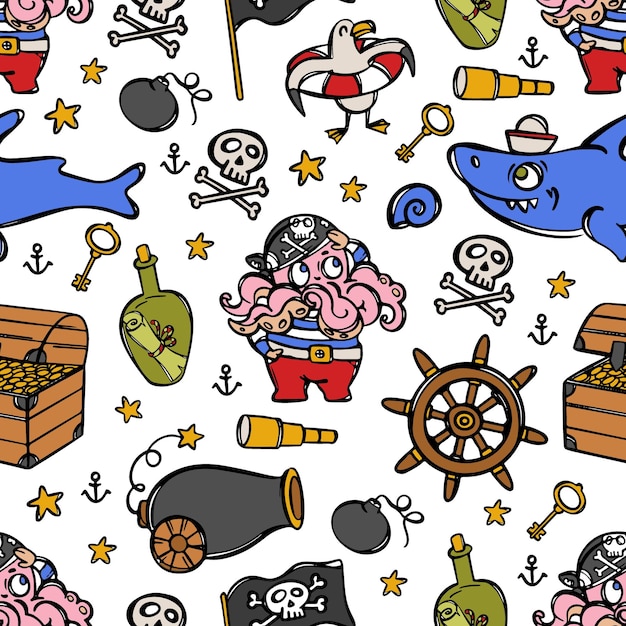 PIRATE AND SHARK Marine Cartoon Hand Drawn Seamless Pattern