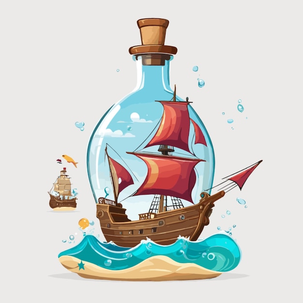 Vettore nave pirata in uno sfondo vettoriale di bottiglia