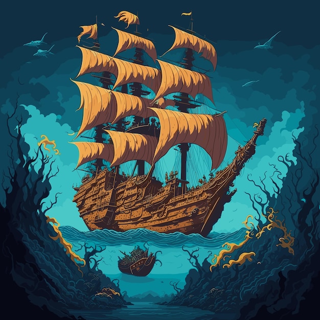 Pirate ship at the bottom of the ocean