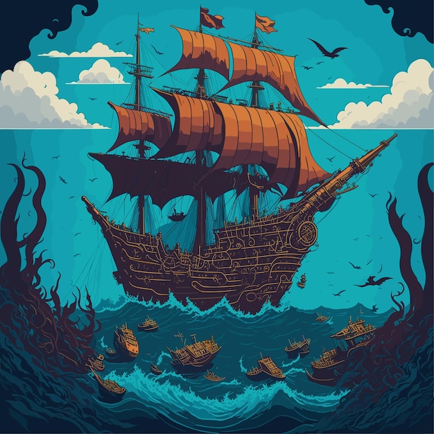 Pirate ship at the bottom of the ocean