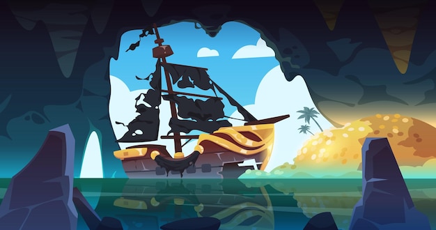 Pirate ship in cave Cartoon background with fantasy sea bandits ship in dark grotto filled with stolen treasures Vector marine children illustration