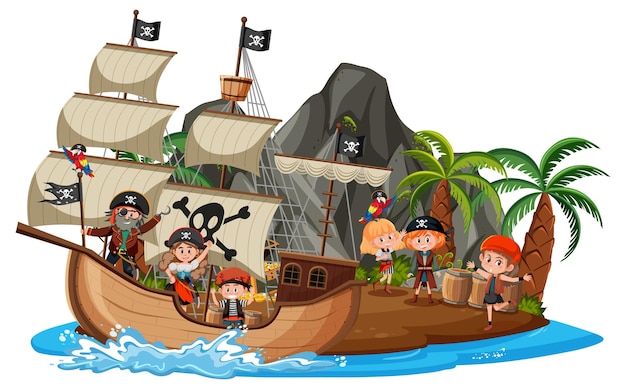 白い背景で隔離の多くの子供たちと島の海賊船