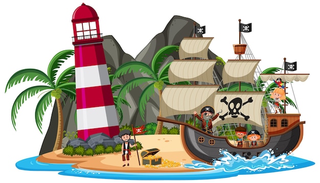 Vector pirate ship on island with many kids isolated on white background