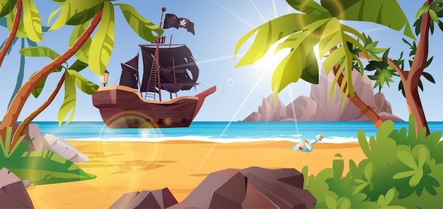Вектор Пиратский корабль возле острова пальмы камни море или океан кусты и скалы