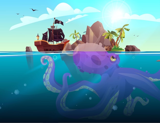 Pirate ship, rocky island with palm trees in the ocean. Purple giant octopus under the sea