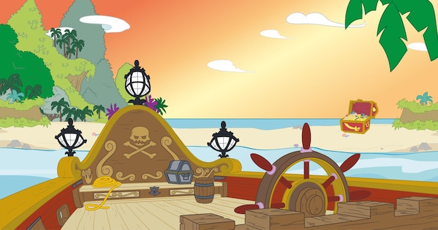 Пиратский корабль плывет возле тропического острова рядом с пляжем с сундуком с сокровищами